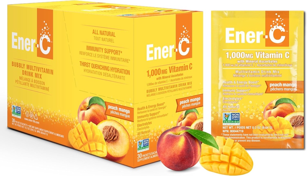 Ener-C Peach Mango Multivitamin Buy Mix Poudre Vitamine C 1000mg & Electrolytes avec un vrai jus de fruits Énergie naturelle & Immune Support pour les femmes et les hommes - Non-OGM Vegan & Gluten Free - 30 Compte
