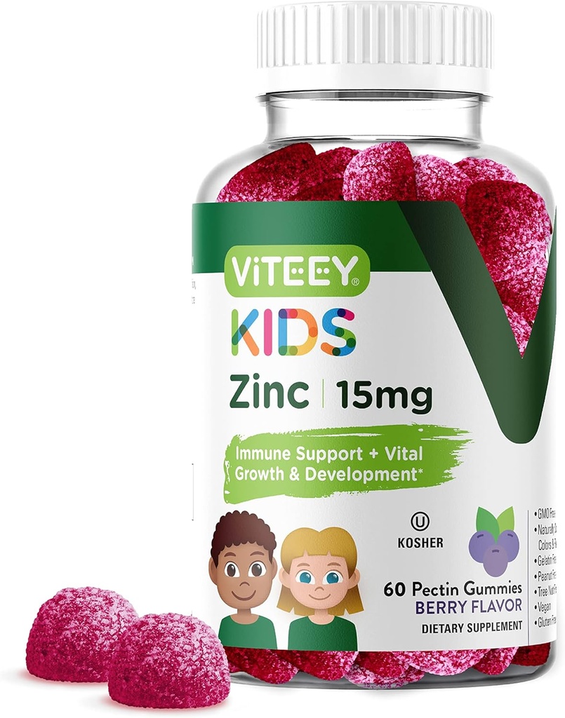 Viteey Zinc pour les enfants Gummies, 15mg - Immune Support - puissant antioxydant naturel, supplément de vitamine Zinc pour enfants - végétalien, sans gélatine, sans gluten - goût de baies à croquer