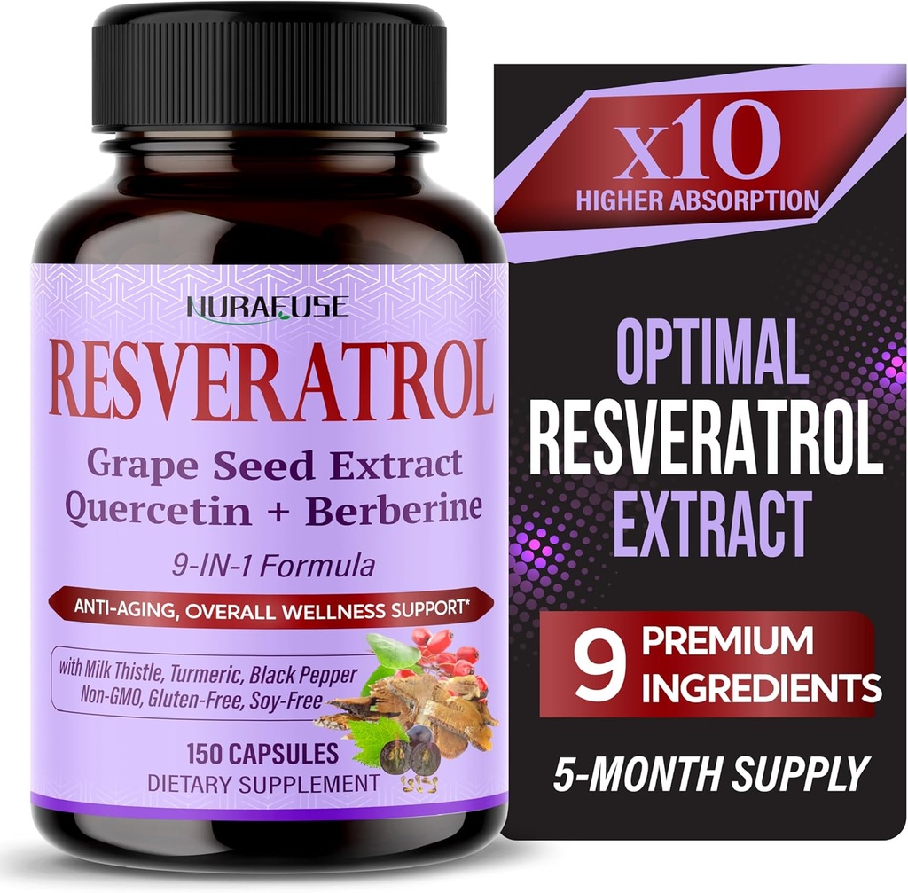 RESVERATROL Formule 9-en-1 - avec chardon de lait, curcuma, poivre noir non-OGM, sans gluten, sans soja