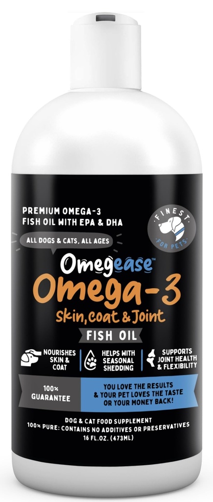 Huile de poisson Omegease pour les chiens et les chats - plus fine pour les animaux de compagnie Omega 3 pour les chats et les chiens - Supplément pour la peau et le manteau, démangeaisons, mouillage, articulations et santé immunitaire - 100% huile de poisson Omega pur avec EPA et DHA (16 oz)