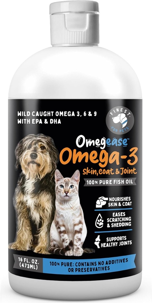 Huile de poisson Omegease pour les chiens et les chats - plus fine pour les animaux de compagnie Omega 3 pour les chats et les chiens - Supplément pour la peau et le manteau, démangeaisons, mouillage, articulations et santé immunitaire - 100% huile de poisson Omega pur avec EPA et DHA (16 oz)