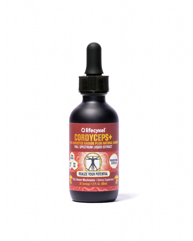 Lifecykel Cordyceps Extrait de champignons avec/Kakadu Plum- Supplément d'énergie naturelle pour la fatigue et l'endurance- Mycelium Vitamine C Antioxydants non-OGM Champignons organiques fabriqués aux États-Unis, 2 Fl oz (Packaging May Vary)