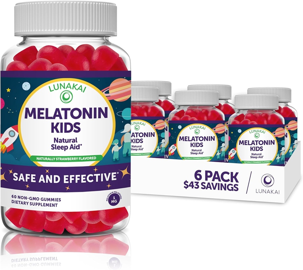 Lunakai Kids Melatonin Gummies 1mg - Formule propriétaire la plus délicieuse - Non-OGM, Vegan, Sans gluten Supplément à faible dose pour les enfants - Gummy de sommeil naturel pour les enfants de 2 ans + - (6 pack)