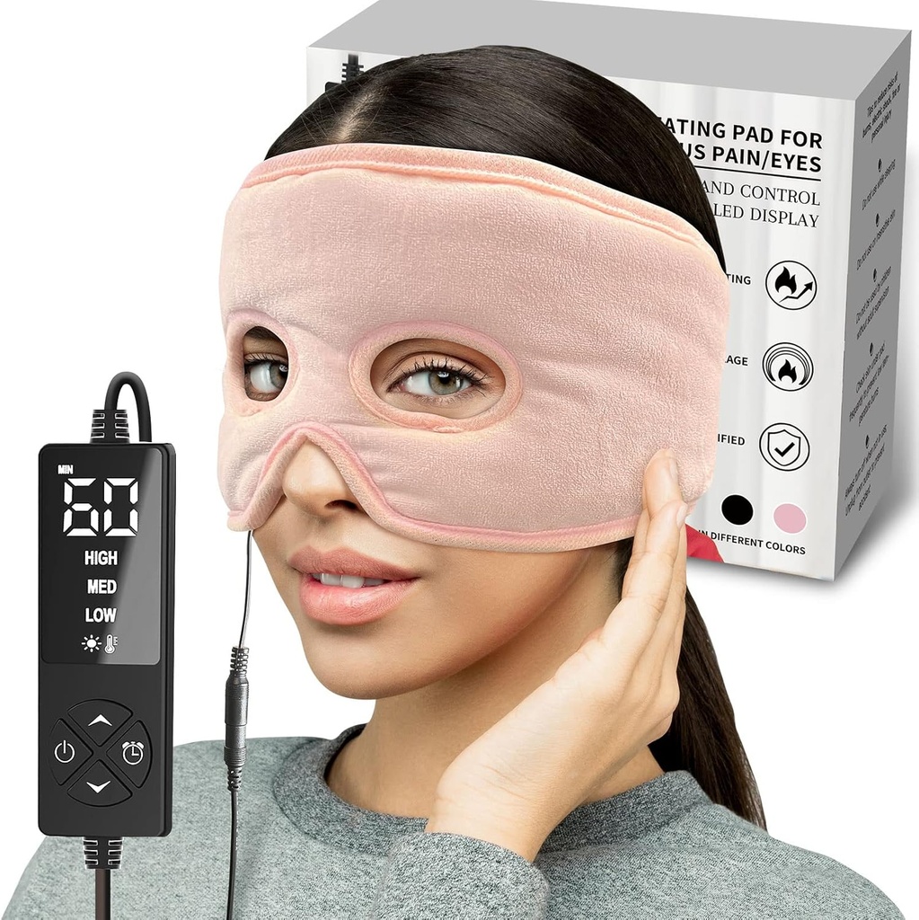 Masque de protection contre la pression du sinus humide avec 3 réglages thermiques, grand tampon chauffant pour les yeux, sinusite, migraine hormonale, soulagement des maux de tête de tension