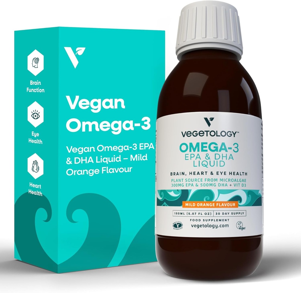 Vegan Omega 3 Liquide, de Microalgues, 800mg de DHA de l'EPA, avec la vitamine D3, soutient la santé du cœur, du cerveau et des yeux, huile de poisson naturelle alternative, Royaume-Uni Fabriqué, aromatisé doux orange