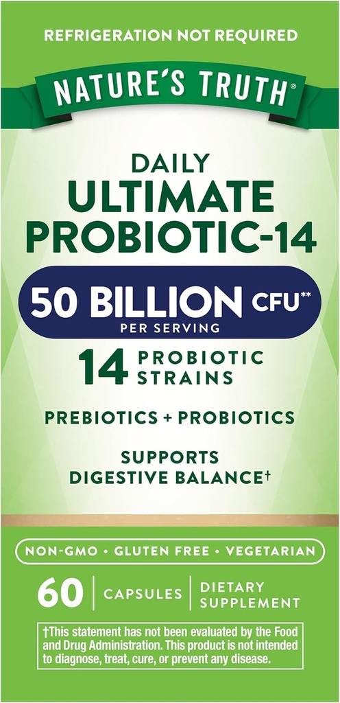 Nature's Truth Probiotic for Women and Men | 50 Billion CFU | 14 Probiotic Strains | 60 Capsules | Stomach Friendly | 200mg Prebiotics | Vegetarian, Non-GMO & Gluten Free Supplement
