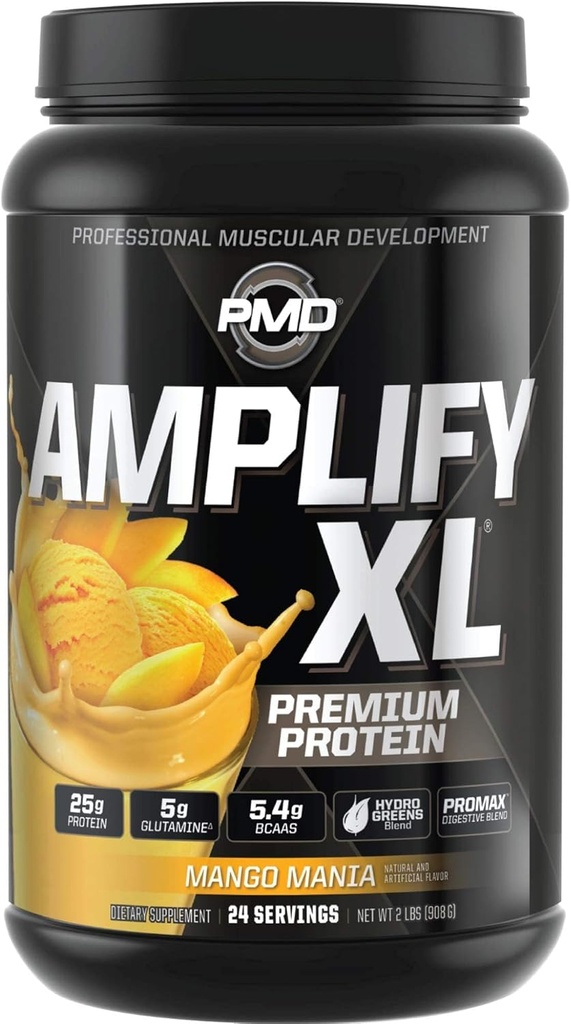 PMD Sports Amplify XL Premium Whey Protein Supplement Hydro Greens Blend - Glutamine et Whey Protein Matrix avec Superfood pour les muscles, la force et la récupération - Mangue Mania (24 portions)