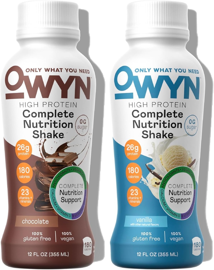 OWYN seulement ce que vous avez besoin de haute teneur en protéines à base de plantes Nutrition complète Shake, Chocolat & Vanilla Variety Pack, 12 Fl Oz (12 Pack)