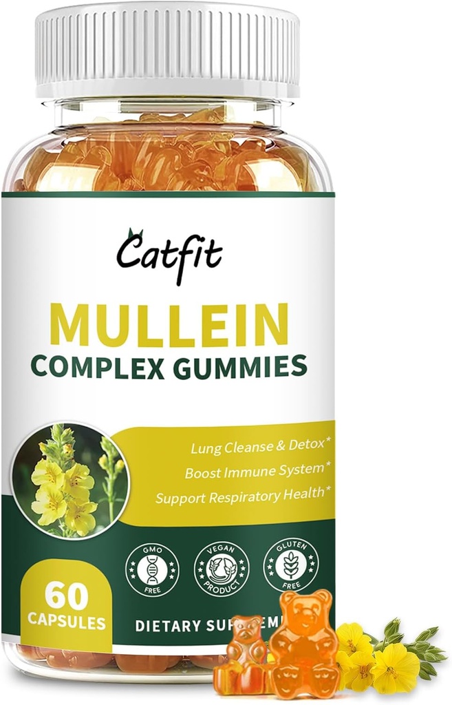 Catfit Mullein Gummies for Lungs – Mullein Leaf Extract with Quercetin, Elderberry for Respiratory & Immune Support,Lung Health & Breathing, Vegan, Pineapple Flavor, 60 Gummies