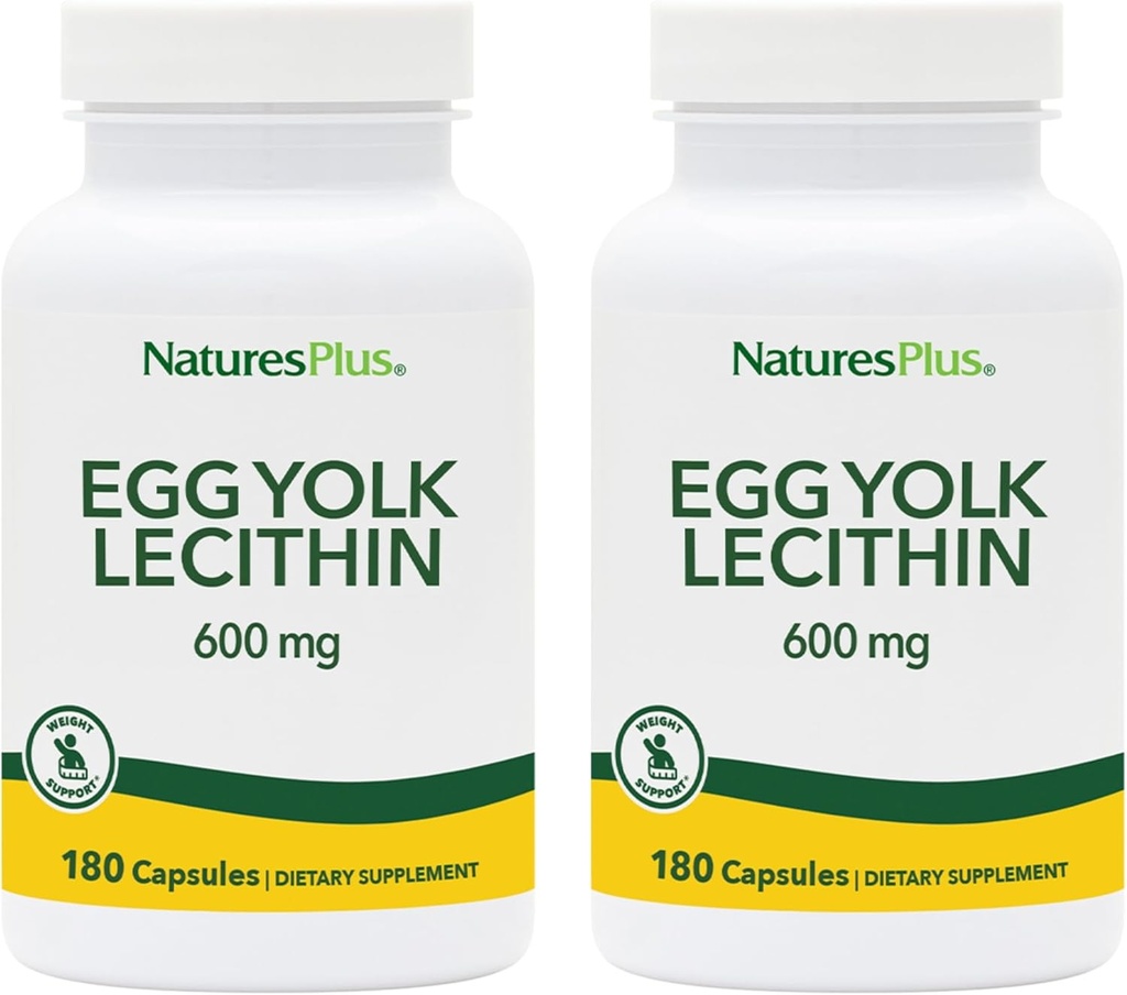 NaturesPlus Lécithine jaune d'oeuf - 600 mg, 180 capsules - Boîte de 2 - Sans soja, sans gluten - 180 portions totales