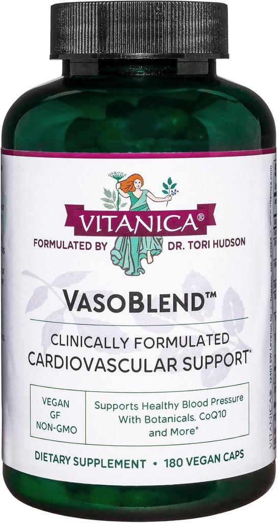 Vitanica VasoBlend - Supplément santé cardiaque avec acide folique, Magnésium, CoQ10 & Terminalia Arjuna Bark - Supplément santé cardiaque - Lady - 180 Caps végétaliens