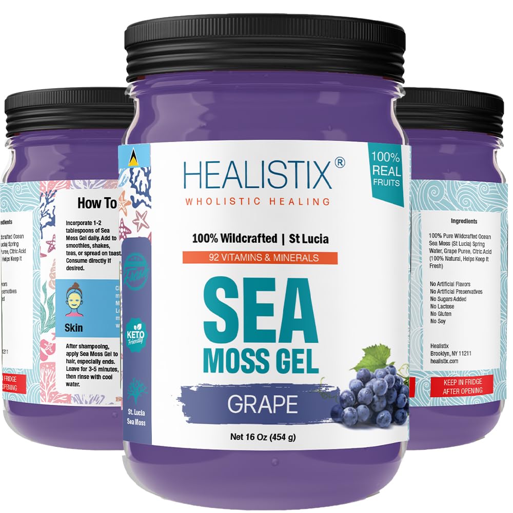 Healistix Grape Irish Sea Moss Gel 16 Oz - St Lucia Wildcrafted Seamoss Gel, emballé avec 92 vitamines - Superfood pour le soutien immunitaire, non-OGM, Keto, Vegan