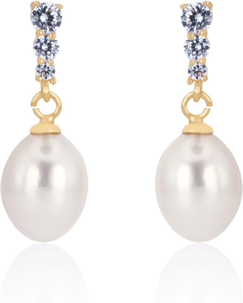 18K Or plaqué Argent Sterling Dangle Blanc Drop Cueilli à la main Qualité Eau douce Cultured Pearl Boucles d'oreilles de mariage avec Cubic Zirconia Cristaux Perle Boucles d'oreilles mariées Bijoux pour les mariées