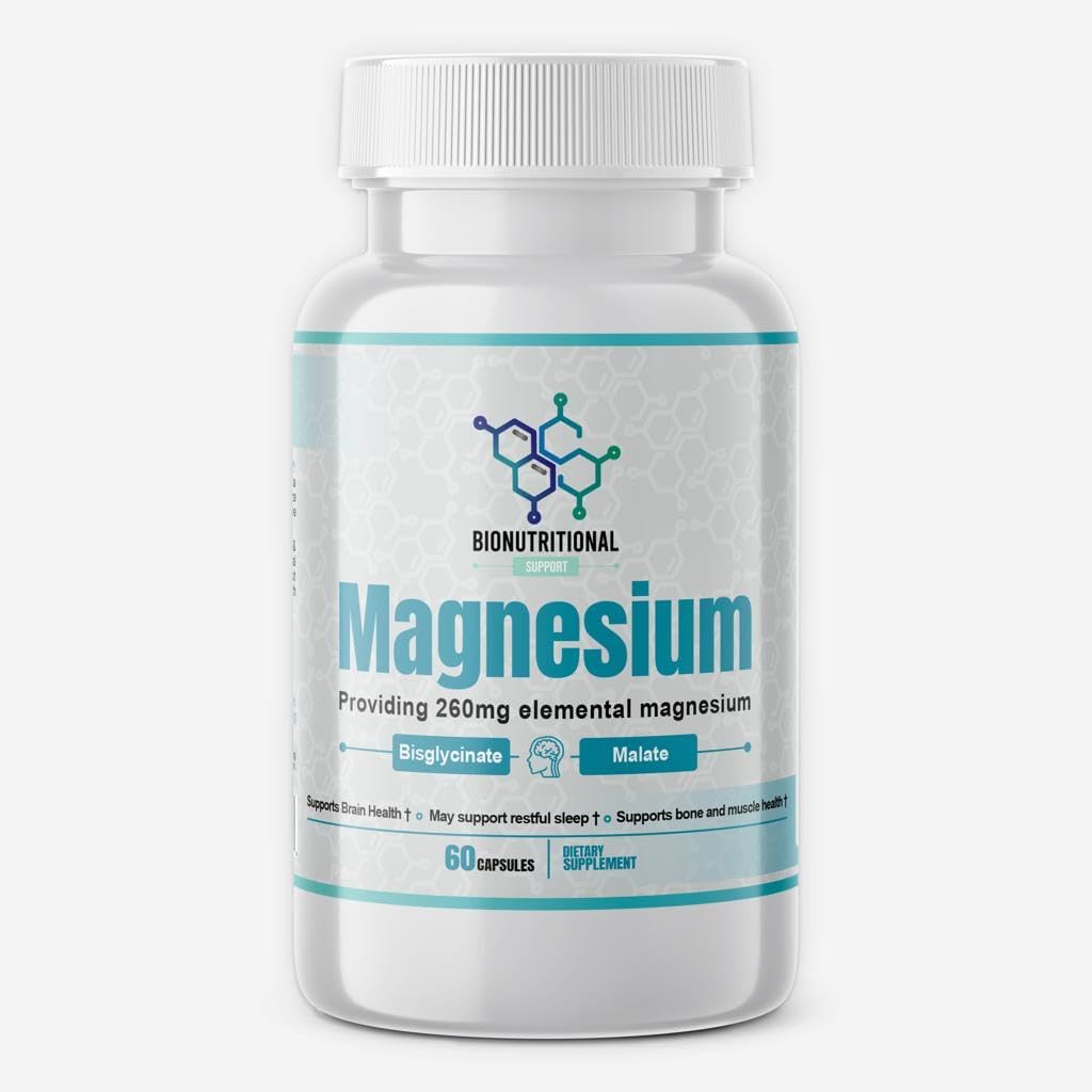 Magnésium, Bisglycinate, Malate, pour le cerveau, le sommeil, le stress, les os et les muscles, l'énergie