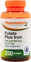 Acide folique 800 mcg Plus supplément de fer 27 mg pour les femmes, vitamine B9, folate prénatal, absorption rapide, fabriqué aux États-Unis, 250 softgels