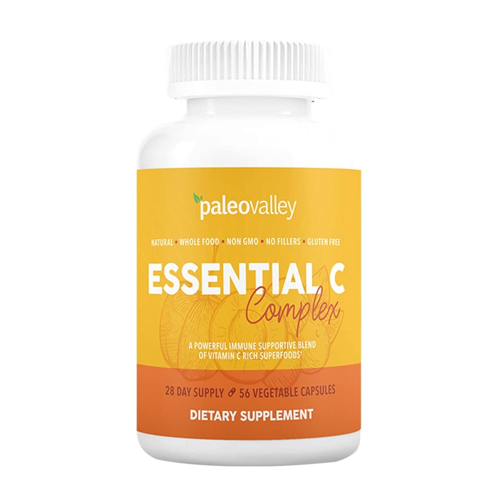 Paleovalley Essential C Complex - Supplément de vitamine C pour le support immunitaire - 1 paquet, 450mg - Superaliments biologiques Unripe Acerola Cherry, Camu Camu, Amla Berry - Pas d'acide ascorbique synthétique - USA Made
