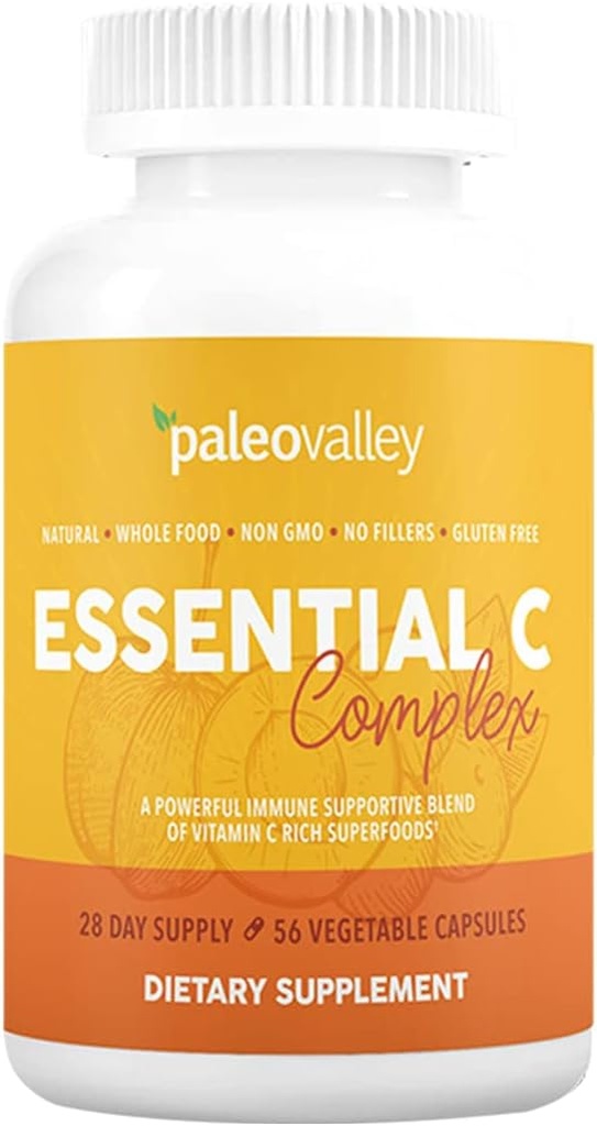 Paleovalley Essential C Complex - Supplément de vitamine C pour le support immunitaire - 1 paquet, 450mg - Superaliments biologiques Unripe Acerola Cherry, Camu Camu, Amla Berry - Pas d'acide ascorbique synthétique - USA Made