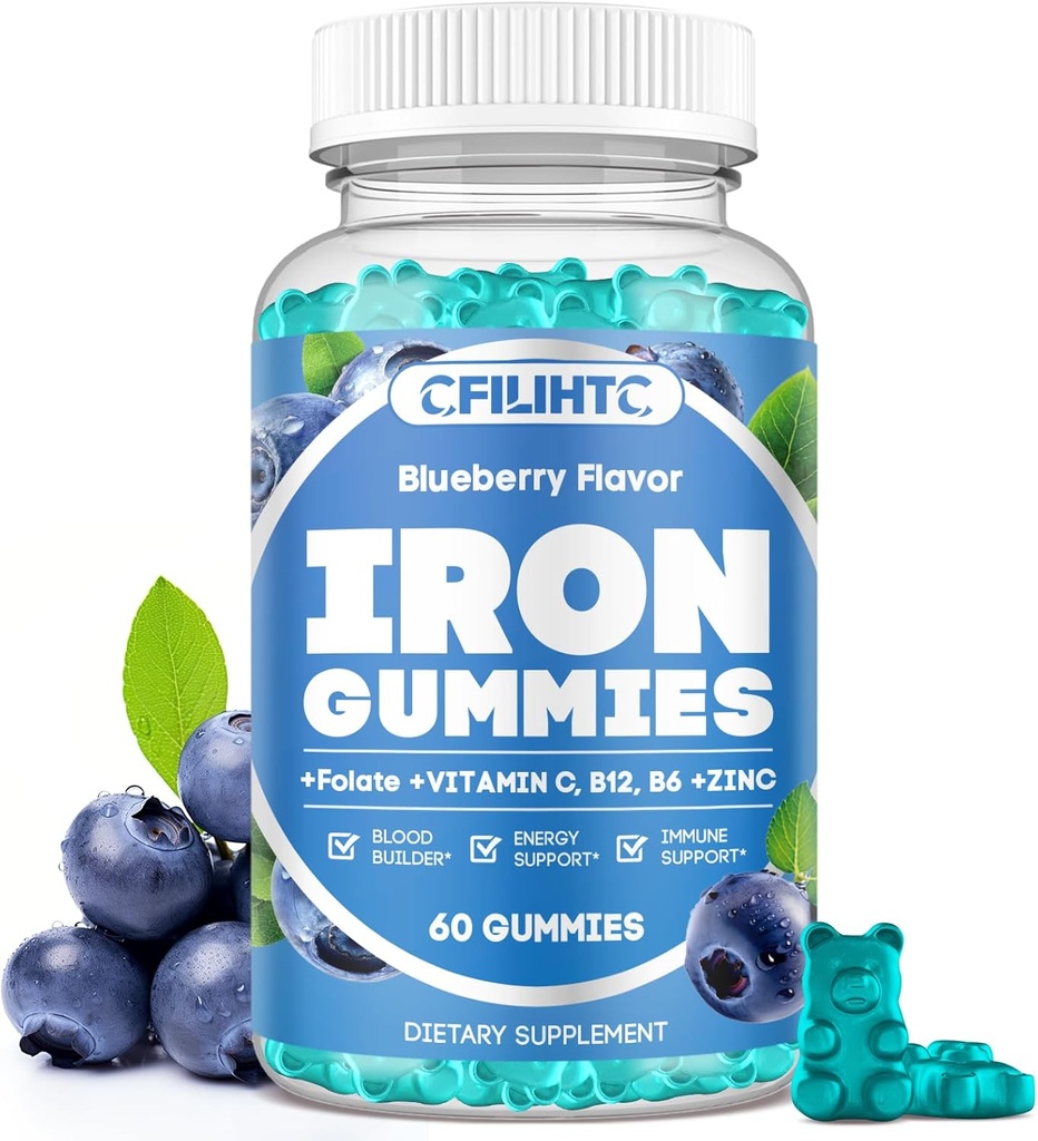 Gommies de fer pour les femmes et les hommes - Supplément de fer avec vitamine B6, B12, C, Zinc, Folate pour les adultes et les enfants - Soutien Iron Déficience, Anémie, Energy Boost, Blood Builder - Sans sucre Vegan 60ct Blueberry