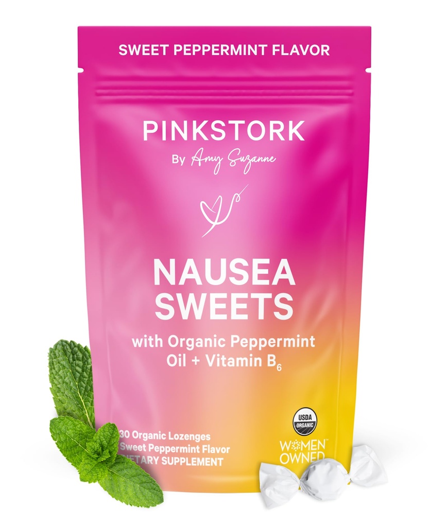 Pink Stork Organic Peppermint Sweets for Morning Sickness and Motion Sickness Support, Ajout de vitamine B6, 1ère grossesse de trimestre doit avoir - 30 bonbons de menthe poivrée enrobés