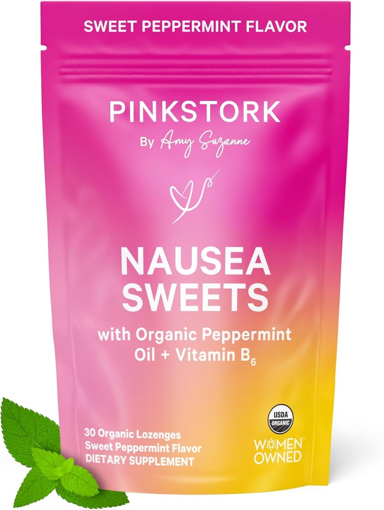 Pink Stork Organic Peppermint Sweets for Morning Sickness and Motion Sickness Support, Ajout de vitamine B6, 1ère grossesse de trimestre doit avoir - 30 bonbons de menthe poivrée enrobés