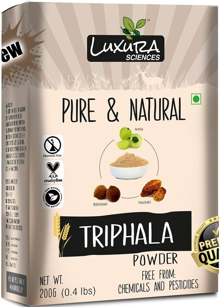 Luxura Sciences Triphala Powder (en poudre) Amla, Haritaki & Bibhitaki Blend (en mélange) prend en charge la digestion, la désintoxication et l'immunité (à base de plantes, crues et non-OGM)