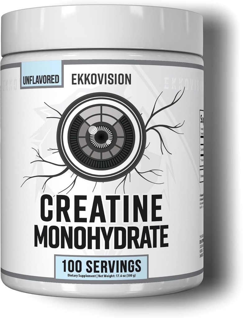 Ekkovision poudre monohydratée de créatine, micronisée, non aromatisée, pré-entraînement et supplément post-entraînement pour les hommes et les femmes, soutien énergétique, facile à mélanger dans les secousses, smoothies et boissons, 100 portions