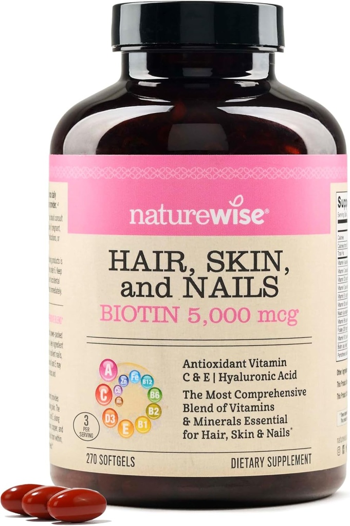 NatureWise Peau et ongles Vitamine, Biotine 5000mcg avec acide hyaluronique, Collagène pour femmes avec complexe C, B, D3, A, E, Fer - Non-OGM, Sans gluten - 270 Softgels[3-Mois]