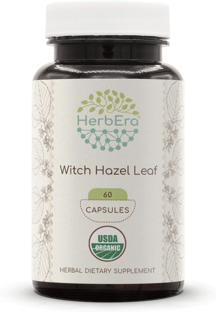 HerbEra Witch Hazel Leaf USDA Organic 60 Capsules.com Supplément naturel aux plantes.com Capsules végétales biologiques certifiées et feuille de Hazel biologique de sorcière (Hammelis virginiana) Feuille séchée (60 Capsules)