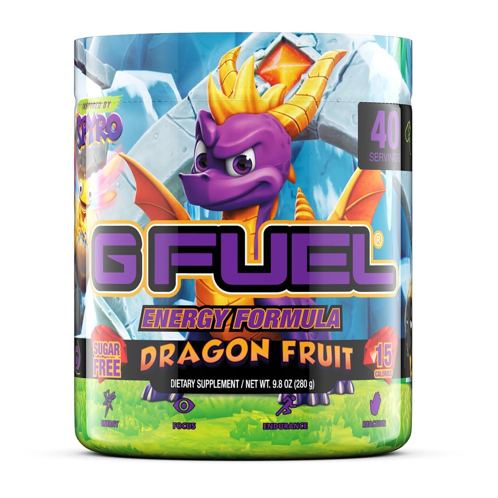 G Fuel Spyro La poudre de boisson dragon énergie, pré-entraînement caféine mélange pour le jeu, sucre sans accent Amino, vitamine + antioxydants, 9,8 oz (fruit dragon, 40 portions)