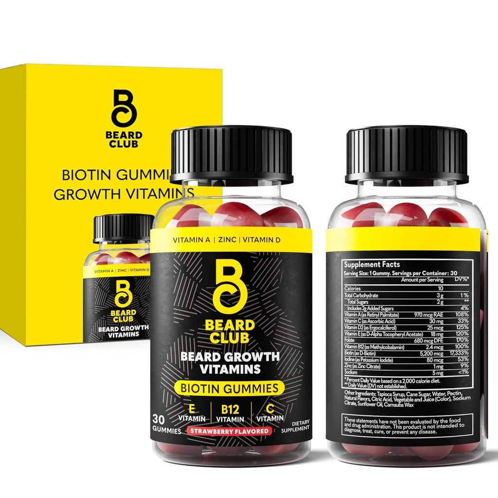 The Beard Club Biotin Bead Gommies de croissance de la vitamine - Supplément de cheveux pour les hommes - Vitamines B12, E, & C pour soutenir une chevelure faciale plus épaisse - Gommy de fraise