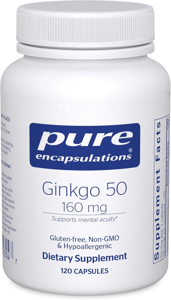 Encapsulations pures Ginkgo 50 160 mg de Ginkgo Biloba Supplément pour soutenir l'oxygène, la circulation sanguine et les problèmes de mémoire légère associés au vieillissement*