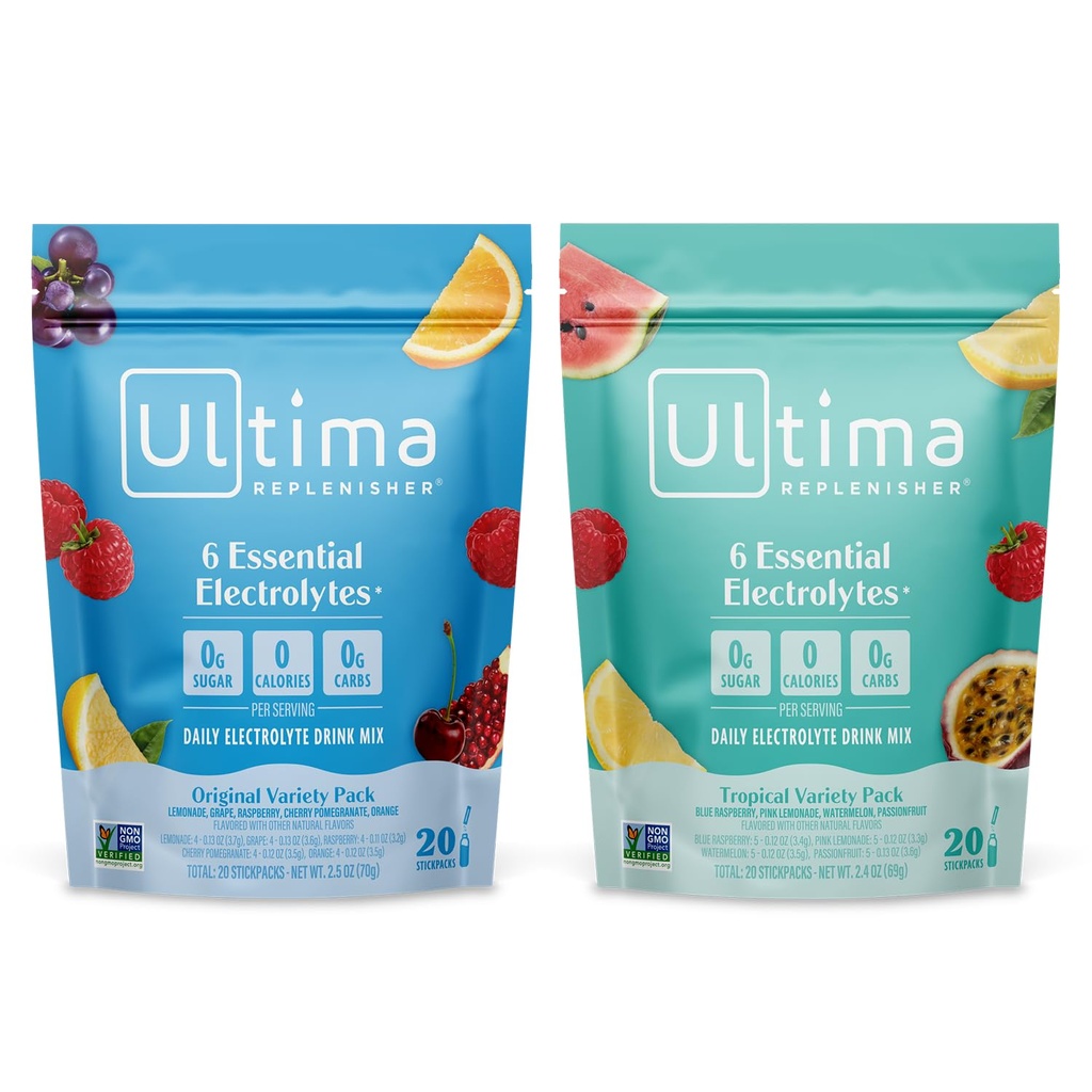 Ultima Repleniser Mélange quotidien de poudre d'électrolyte – Sans sucre – Variété tropicale et 5-arôme, 20 Stickpacks – Packs d'hydratation avec 6 électrolytes et minéraux – Keto, non-OGM
