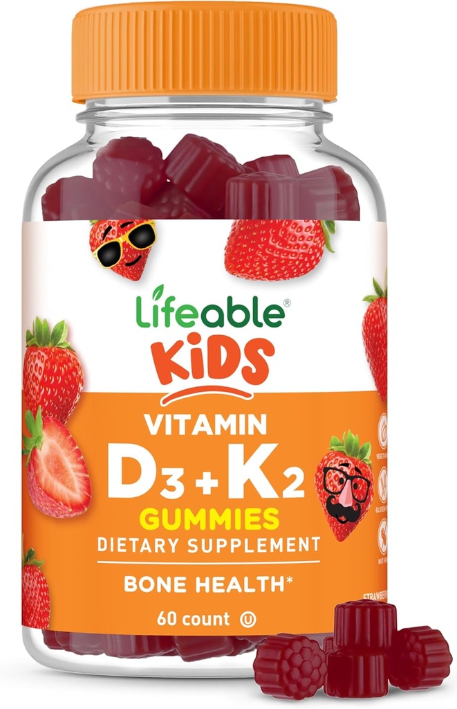 Enfants vivants Vitamine D3 K2 Gummées $ 1000iu D3 et K2 100mcg $ Great Tasting D3 et K2 Suppléments $ pour la santé osseuse et l'immunité $ VIT D3 K2 pour les enfants $ 60 Gummées