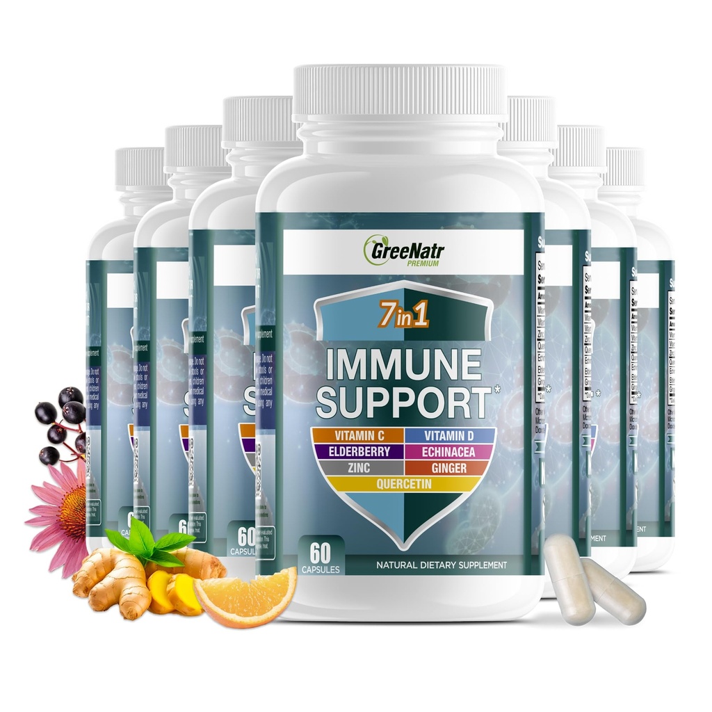 GreeNatr 7 en 1 Supplément de soutien immunitaire avec vitamine C, vitamine D3, Zinc 50mg, Quercetin, Echinacea Purpurea, Sambucus Elderberry et Ginger pour la défense immunitaire complète - 60 capsules (12 bouteilles)