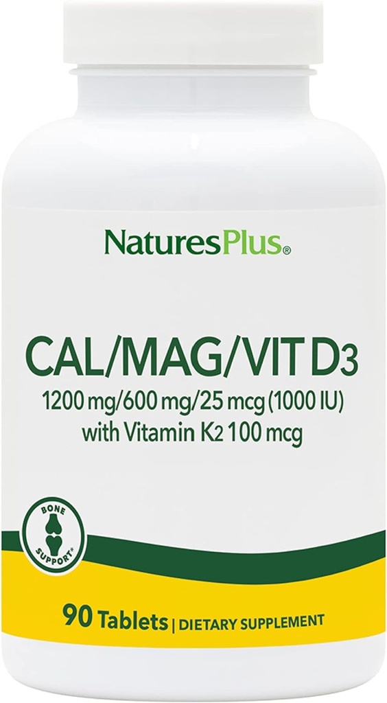 NaturesPlus Calcium/Magnesium/Vitamin D3 with Vitamin K2 - Supports Bone & Immune Health - Vegetarian, Gluten Free - 90 Tablets - 22.5 Servings