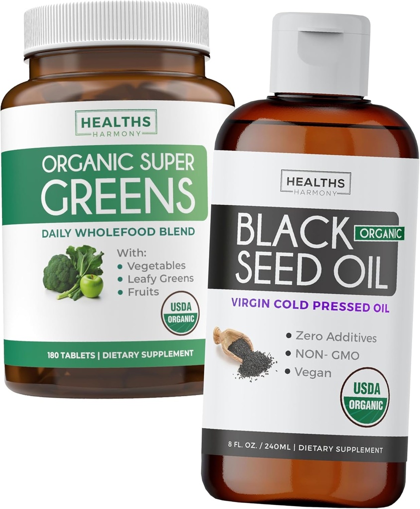 Super Greens & Black Seed Oil (3-Meth Supply) Mélange d'huile à base de plantes de poudre biologique Super Greends - Superfood complet (180 Capsules) & Bio Black Seed Oil Liquide - pressé à froid (8 fl oz)