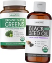 Super Greens & Black Seed Oil (3-Meth Supply) Mélange d'huile à base de plantes de poudre biologique Super Greends - Superfood complet (180 Capsules) & Bio Black Seed Oil Liquide - pressé à froid (8 fl oz)