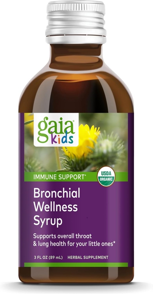 Gaia Kids Sirop de bien-être Bronchial - Supplément de soutien immunitaire - Soutien global de la gorge et du poumon - Formule biologique certifiée avec plantain anglais, grindélia et miel - 3 Fl Oz (18 portions)