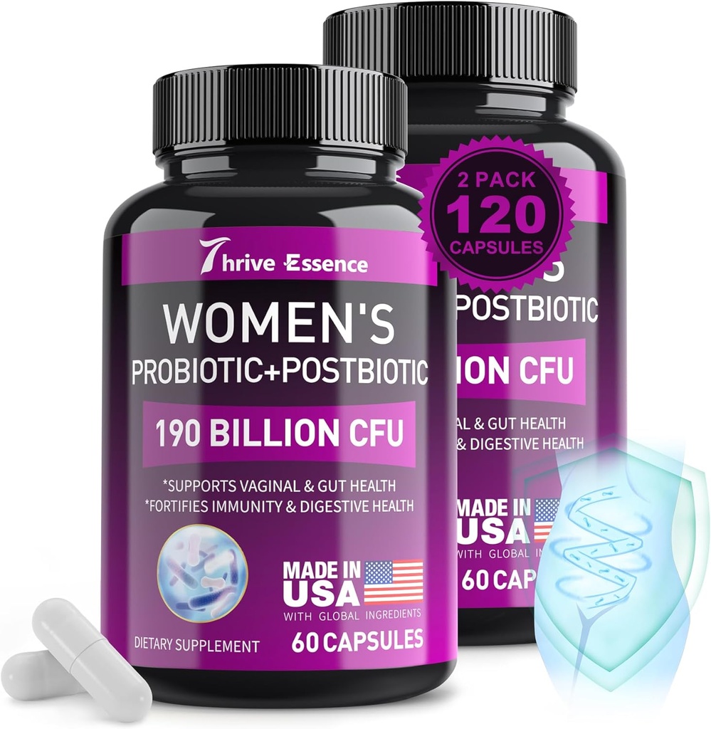 Probiotiques pour les femmes 190 milliards CFU - 10 souches et postbiotiques pour la santé immunitaire, digestive, gustative, vaginale et urinaire, équilibre PH- soutient la constipation occasionnelle, gaz et ballonnement, 120 capsules