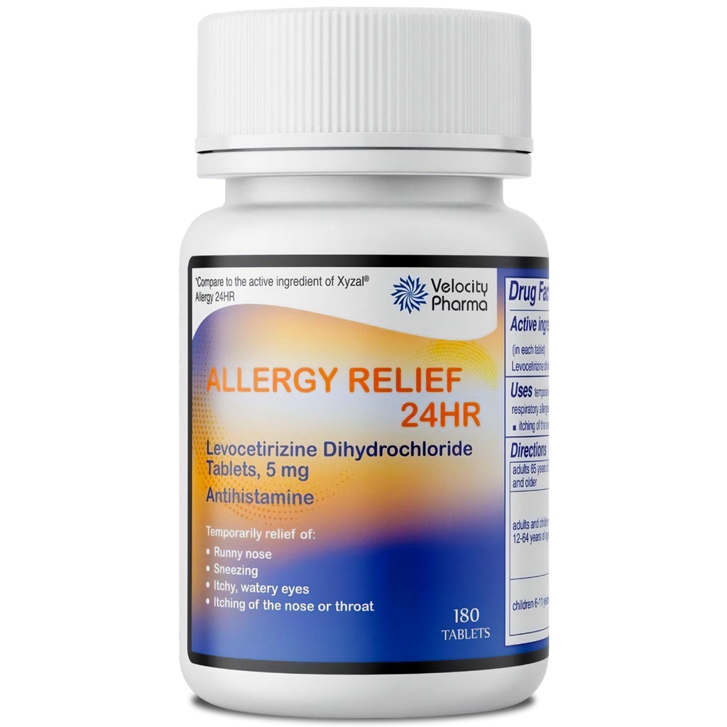 Levocetirizine Dihydrochloride 5mg USP Tablets, 24 Hour Allergy Relief Non-Drowsy Antihistamine, 180 Count