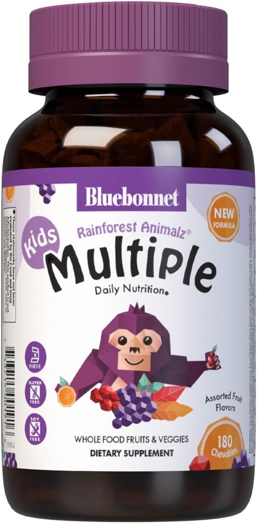 Bluebonnet Nutrition Rainforest Animalz Comprimé à croquer, Multivitamines et minéraux, Vitamine C, D3, Fer, Sans gluten, Sans lait, Casher, 180 Comprimés à croquer, Arôme mixte