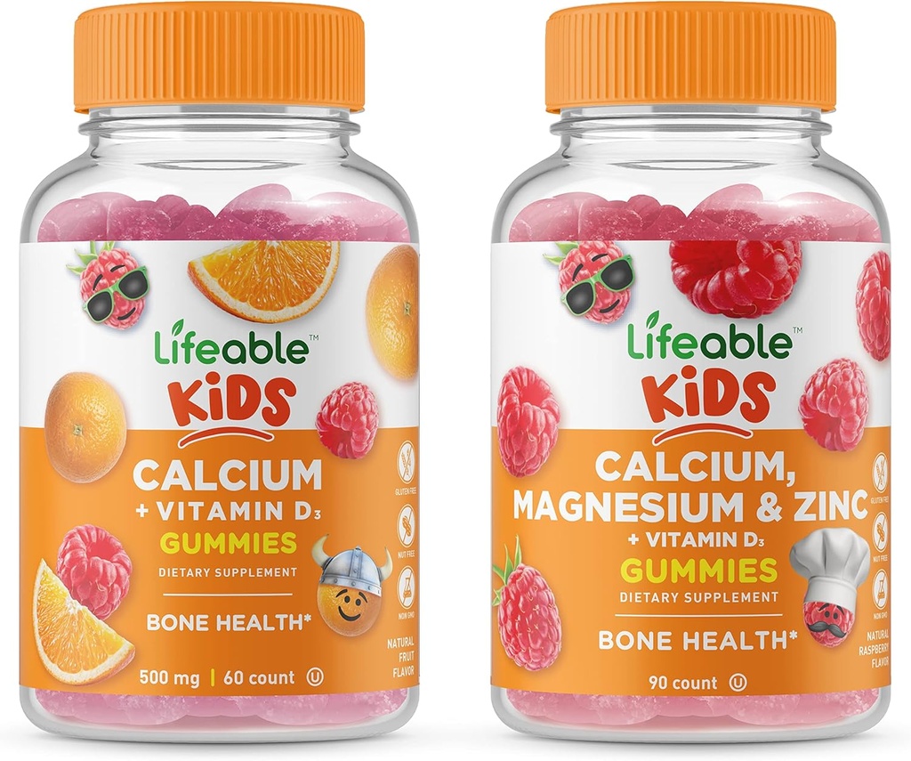 Calcium vital avec Vitamine D Kids + Calcium Magnésium & Zinc Kids, Gummies Bundle - Grande dégustation, supplément de vitamine, sans gluten, sans OGM, gummy à croquer