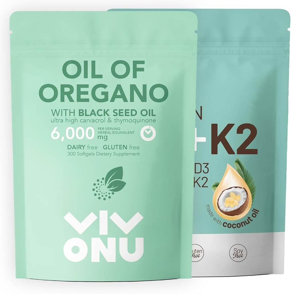 Oil of Oregano Capsules & Vitamin D3 10000 iu Plus K2 (MK-7) 200 mcg, 300 Coconut Oil Softgels