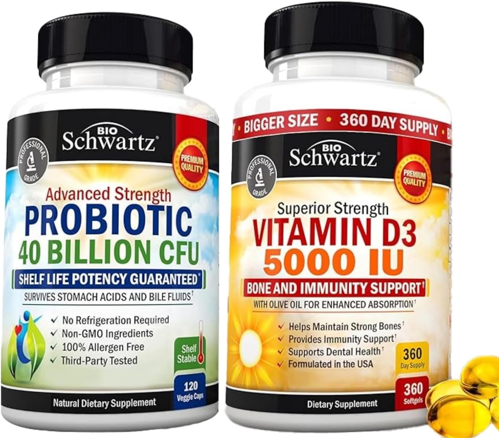 Vitamine D3 5000 UI 125 mcg (1 an d'approvisionnement) Plus 40 milliards UFC Supplément probiotique quotidien (2 mois d'approvisionnement)