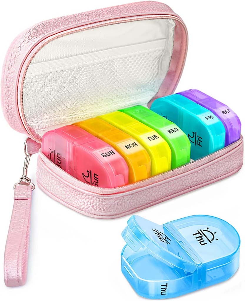 Pilule mignonne Organisateur 2 fois par jour, PU Pilule en cuir pour femmes, Pilule hebdomadaire portable pour la purse avec sac de stockage pour tenir les vitamines, médicaments, huiles de poisson, suppléments (puits)