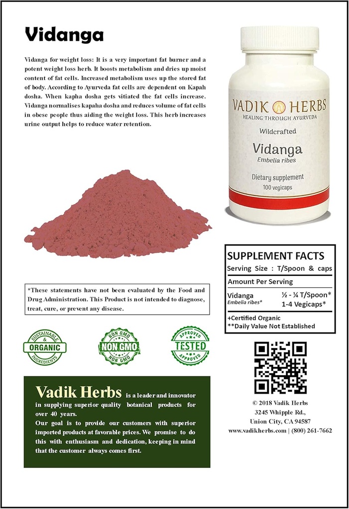 Vadik Herbes certifié biologique Vidanga (Embelia Ribes) poudre 1lb. Excellente plante pour la perte de poids, les conditions de peau, nettoyant intestinal