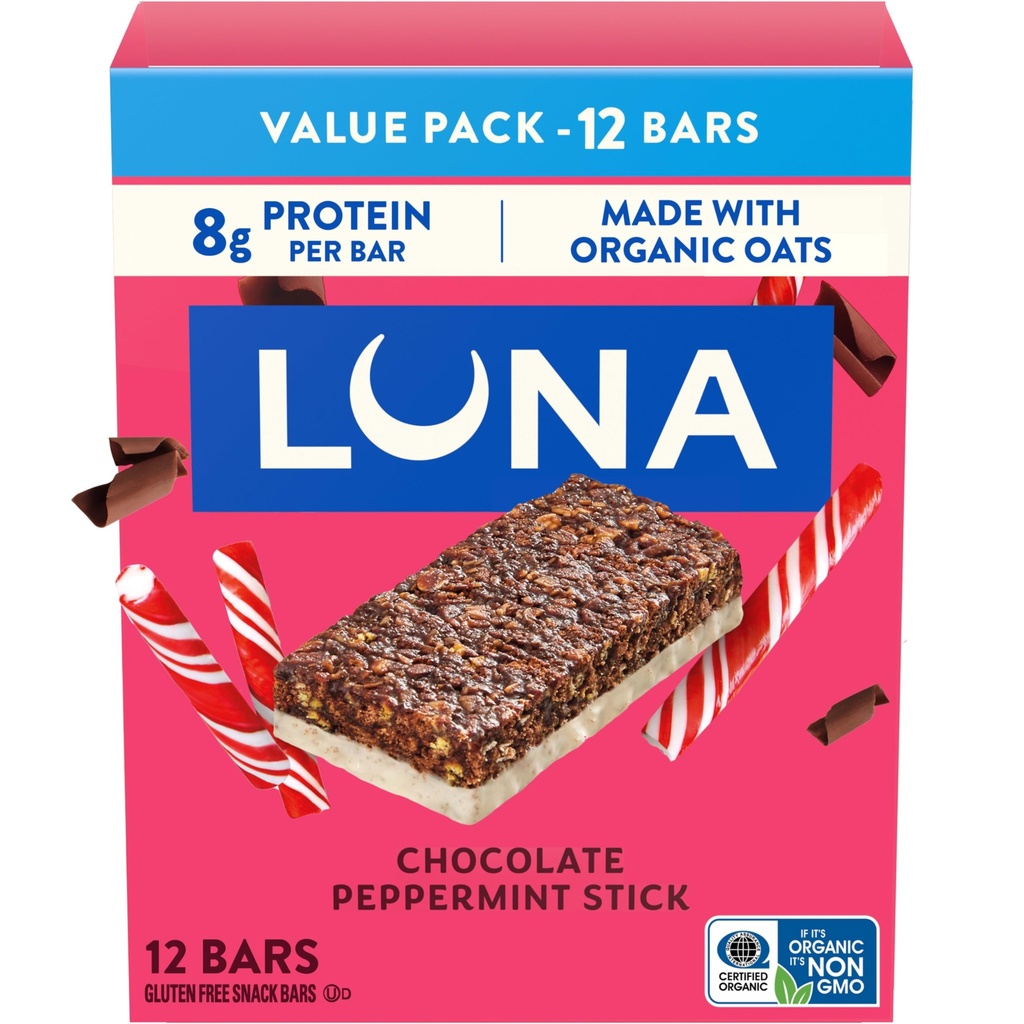 Barre LUNA - Chocolat Poppermint Stick Flavor - Snack Bars - Non-OGM - Barres protéinées sans gluten - Fabriqué avec de l'avoine biologique (12 Pack)