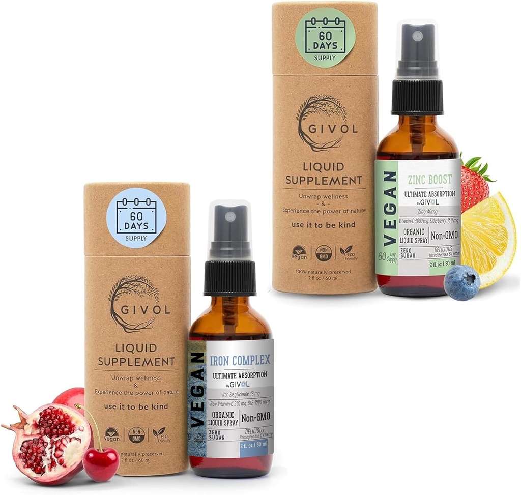 Supplément en fer - 18 mg complexe de bisglycinate avec vitamine C et B12 pour l'énergie et l'immunité Boost et ZINC bio Boost Mist 40mg (Extra Strength) - sans sucre avec VIT C et extrait de mûrier
