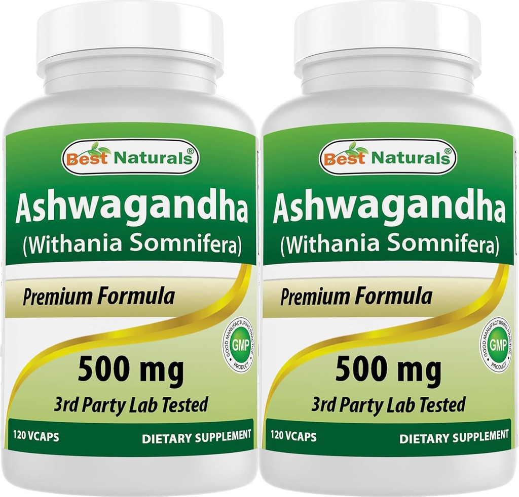 Best Naturals 2 Pack Capsules Ashwagandha pour le stress relaxant et l'humeur, 500 mg, 120 Nombre (Total 240 Capsules)