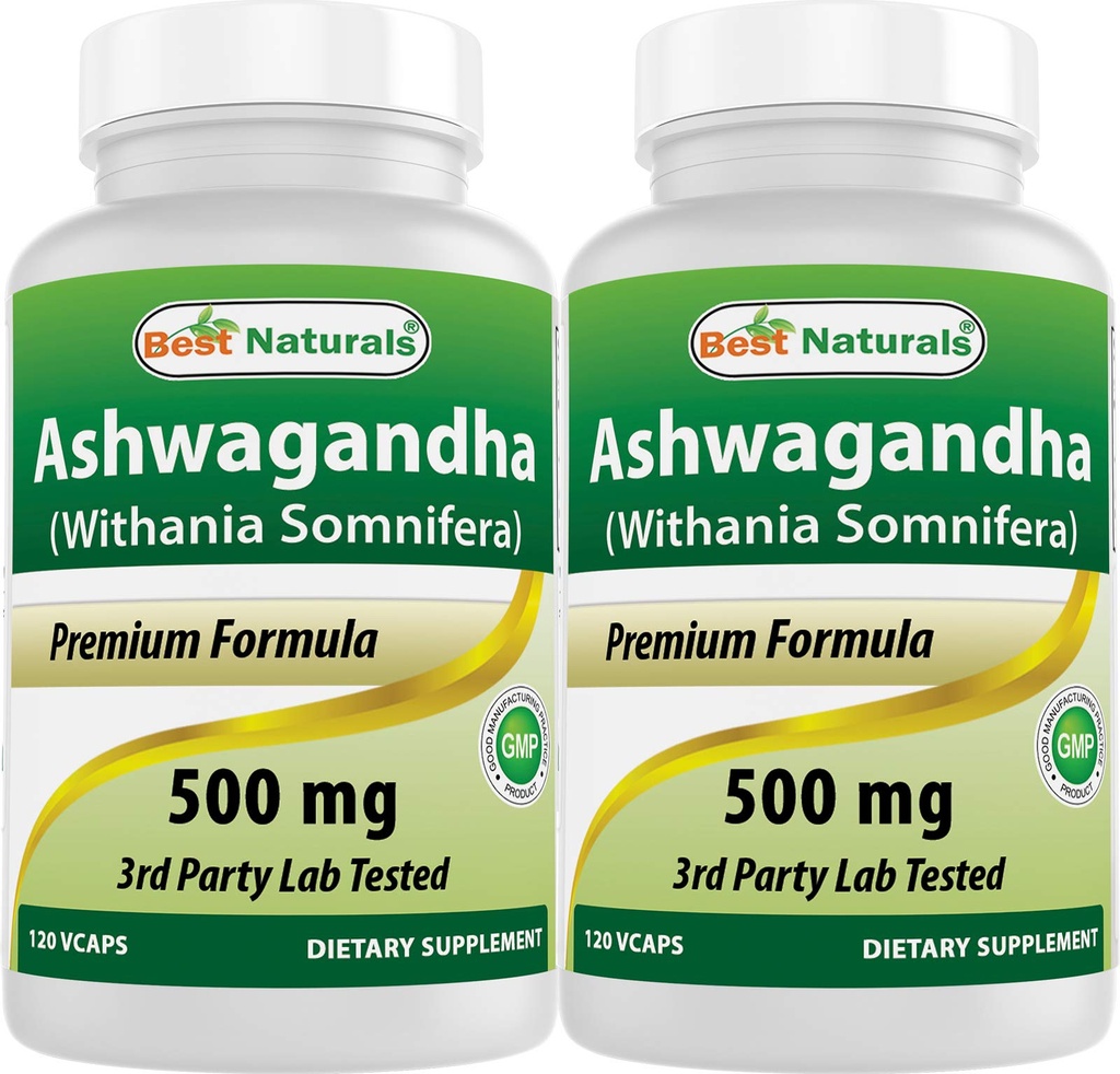 Best Naturals 2 Pack Capsules Ashwagandha pour le stress relaxant et l'humeur, 500 mg, 120 Nombre (Total 240 Capsules)